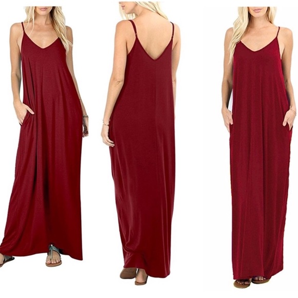 CABERNET red adjustable spaghetti strap maxi dress with pockets S M XL - Picture 5 of 6